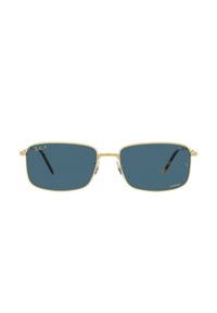 Occhiali da sole rettangolari con montatura in metallo dorato e lenti blu scuro. Presentano cuscinetti nasali trasparenti e aste nere con accenti tartaruga.