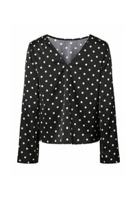 Blusa negra de manga larga, con escote en V y lunares blancos. Tejido suave con un corte holgado y un sutil detalle de drapeado en la parte delantera.