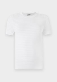 Hvid kortærmet t-shirt lavet af struktureret stof med et ribbet mønster. Designet har en rund udskæring og en lige pasform.