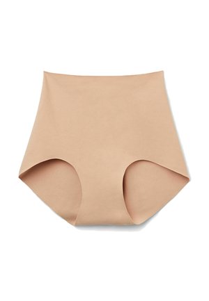 Beige hoge taille slipjes gemaakt van zachte stof, met een naadloos ontwerp en brede zijkanten voor bedekking. Geen zichtbare naden of patronen.