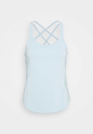 Débardeur de sport bleu clair sans manches avec des fines bretelles croisées dans le dos, conçu pour un ajustement près du corps et une bonne respirabilité.