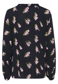 Navy blouse with long sleeves, featuring a floral pattern in pink and green. Textured fabric with a gathered neckline detail.