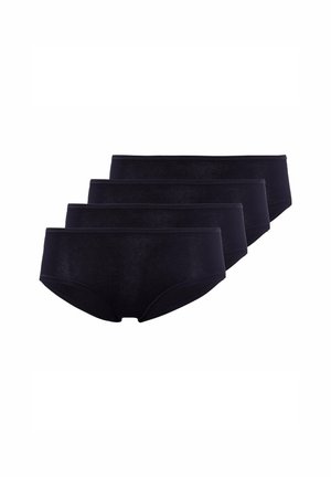 Quattro mutande nere a vita bassa in stile slip disposte in una pila sfalsata su sfondo bianco.