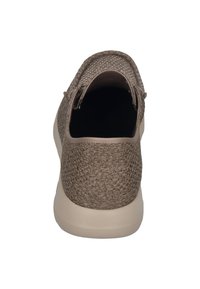 Brown woven fabric sneakers with a smooth light gray sole. Semi-structured heel and spacious opening for easy wear. Textured surface detailing.
