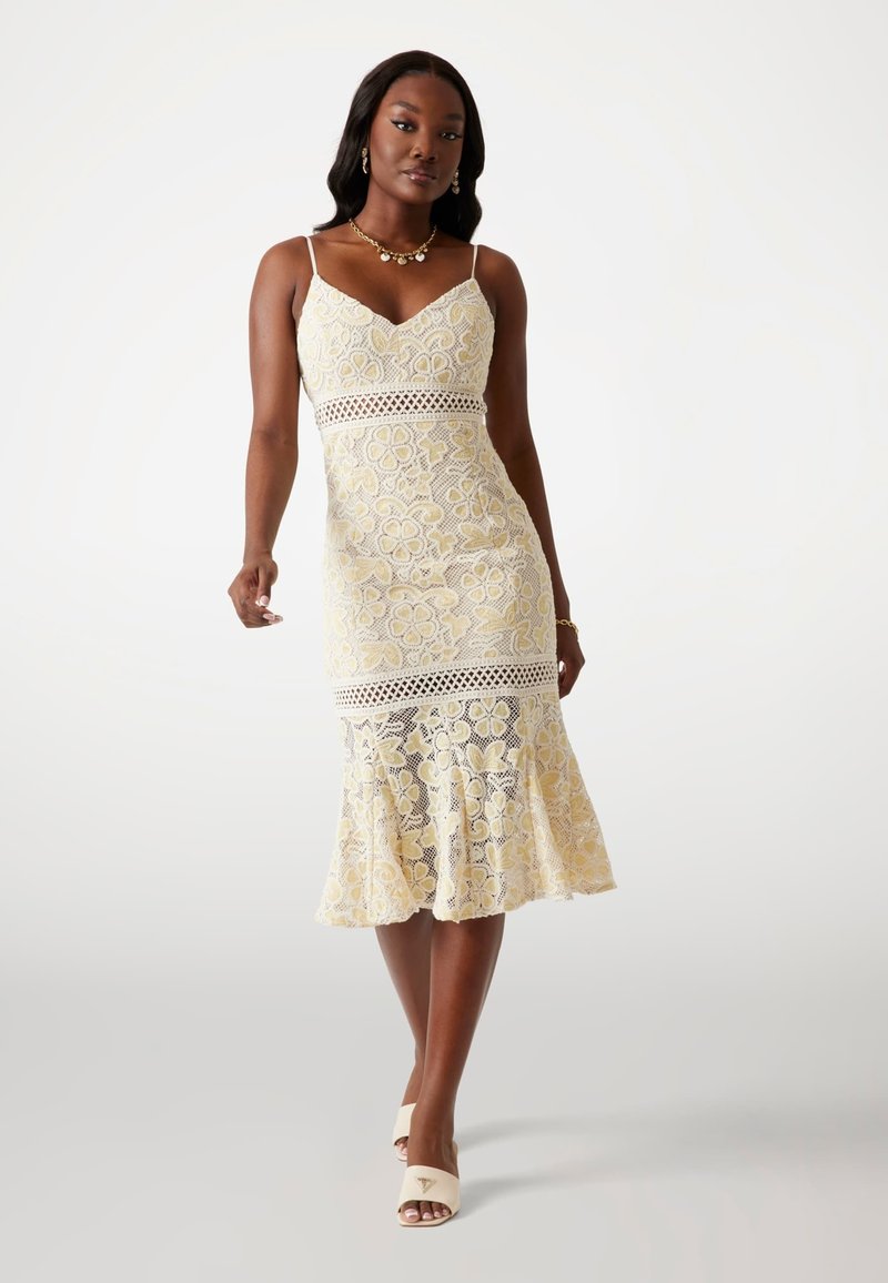 off white lace midi dress Romantic White Lace Off-Shoulder Midi Wedding Dress with Puff Sleeves Ivory / Floor Length / Custom Size / Plus Size main image 1