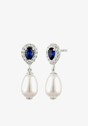 Perlen-Ohrringe mit tropfenförmigen blauen Edelsteinen, umgeben von kleinen klaren Kristallen, gefasst in Silber.