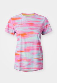 Short-sleeve athletic t-shirt in gradient hues of pink, blue, and orange. Features a round neckline and a lightweight, textured fabric.