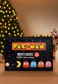 Set di calzini da uomo con design di Pac-Man, composto da 12 paia in vari colori, tra cui personaggi gialli, rossi, blu e rosa su uno sfondo nero.