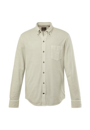 Lichtbeige langemouwen shirt gemaakt van textuurstof, met een button-down kraag, een borstzak en bruine knopen langs de knoopsluiting.