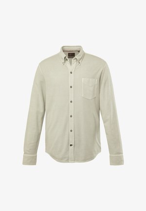 Lichtbeige langemouwen shirt gemaakt van textuurstof, met een button-down kraag, een borstzak en bruine knopen langs de knoopsluiting.