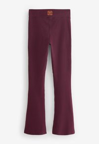 Bordové rozšírené nohavice z elastickej látky s hladkým povrchom a oranžovým logom na páse.