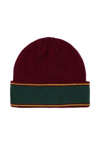Gebreide beanie in bordeaux met een groene omgeslagen boord. Kenmerkt zich door gele accentstiksels op de boord. Zachte textuur en elastische vorm voor een goede pasvorm.
