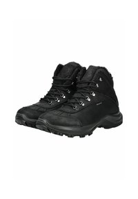 Botas de senderismo negras con un upper de ante y sintético, con ojales de metal, cordones texturizados y una suela de goma resistente.