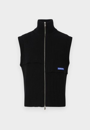 Black ribbed knit sleeveless top with high collar and silver zip closure. Features a horizontal seam and blue logo accent on the front.