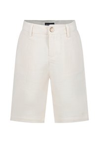 Crèmekleurige linnen shorts met een gestructureerde afwerking, voorzien van een knoopsluiting, riemlussen en zijzakken, ontworpen voor een relaxte pasvorm.