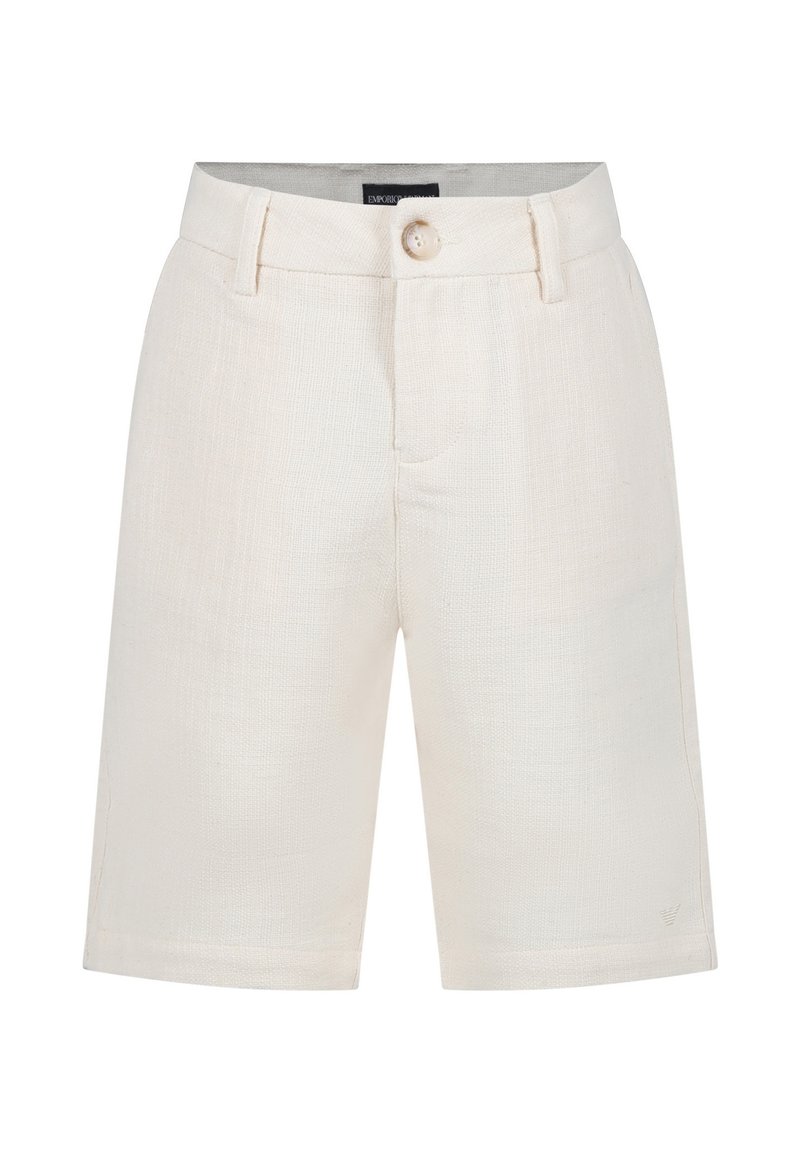 Crèmekleurige linnen shorts met een gestructureerde afwerking, voorzien van een knoopsluiting, riemlussen en zijzakken, ontworpen voor een relaxte pasvorm.