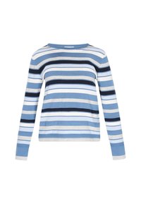 Camiseta de manga larga con rayas horizontales en varios tonos de azul, gris y azul marino. Tejido suave con diseño de cuello redondo.