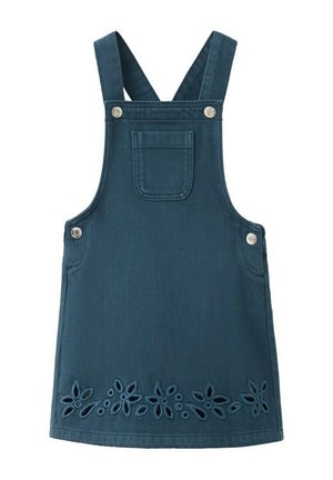 Jeans modra obleka na naramnice z žepom spredaj, srebrnimi gumbi za zapenjanje na naramnicah in straneh ter cvetličnim izrezom ob robu.