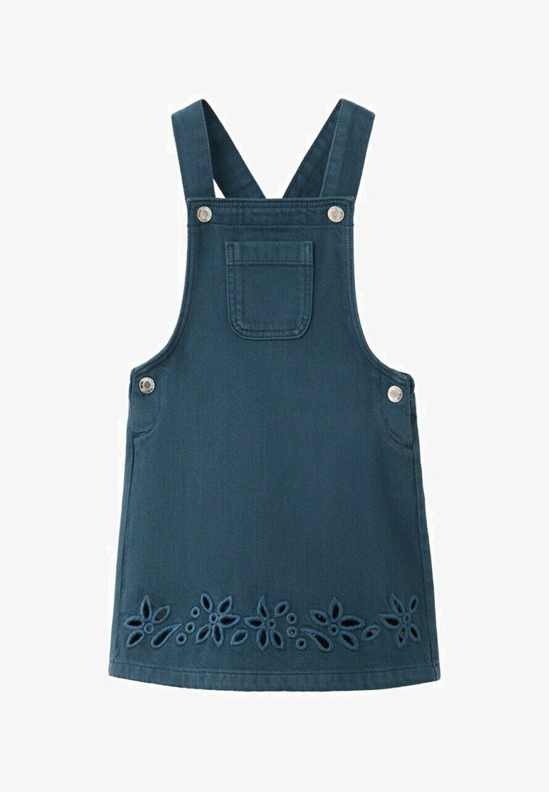 Jeans modra obleka na naramnice z žepom spredaj, srebrnimi gumbi za zapenjanje na naramnicah in straneh ter cvetličnim izrezom ob robu.