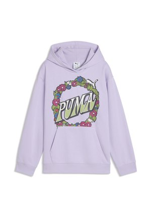 Lyserød hættetrøje med farverig blomsterkrans omkring ordet "PUMA" og Puma-katte-logoet på brystet, med en frontlomme og hætte.