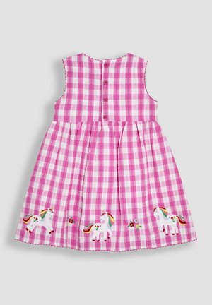 Rózsaszín kockás ruha ujjatlan kialakítással, hátul gombos záródással, és hímzett egyszarvúkkal valamint virágokkal a szoknyán.