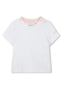 Λευκό κοντομάνικο μπλουζάκι από βαμβάκι με στρογγυλή λαιμόκοψη, ροζ λεπτομέρεια στους ώμους και μικρό λογότυπο σε ροζ στην αριστερή μανίκη.