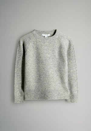 Light gray pullover sweater made of soft knit material; features ribbed cuffs and hem, with a crew neckline and raglan sleeves.
