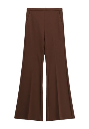 Pantaloni marroni a vita alta con gamba larga, tasche laterali e chiusura frontale a zip nascosta.