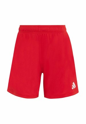 Rote Sportshorts mit elastischem Bund und kleinem weißen Adidas-Logo am unteren rechten Bein.