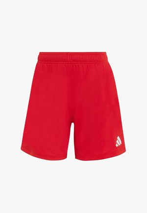 Rote Sportshorts mit elastischem Bund und kleinem weißen Adidas-Logo am unteren rechten Bein.