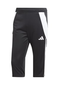 Svarte treningshorts med hvite sidepaneler, laget av glatt stoff. Har elastisk midjebånd og tre hvite striper på den ene siden.