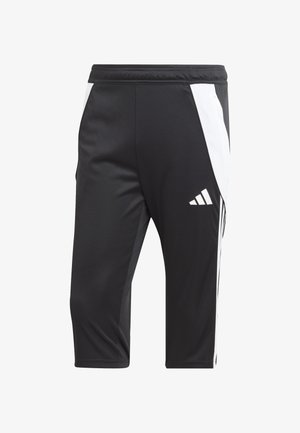 Čierne atletické šortky s bielymi bočnými panelmi, vyrobené z hladkej tkaniny. Obsahujú elastický pás a tri biele pruhy na jednej strane.