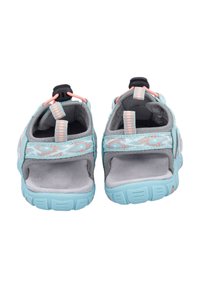 Gray and light blue sandals with a textured upper, adjustable straps, and a cushioned insole. Open back design with a visible sole pattern.