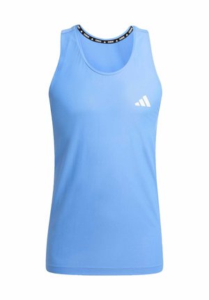 Light blue athletic tank top made from breathable material, featuring a black collar with white "RUNNING" text and a white logo on the front.