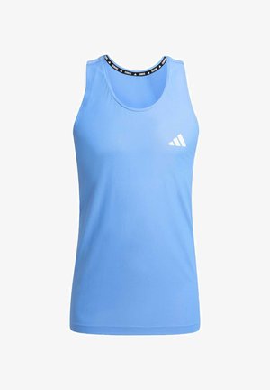 Light blue athletic tank top made from breathable material, featuring a black collar with white "RUNNING" text and a white logo on the front.