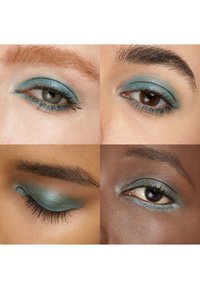 Vier close-ups van ogen met verschillende huidtinten die glinsterende turquoise oogschaduw dragen, sommige met open ogen en sommige gesloten.