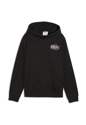 Czarna bluza z kapturem, kieszenią z przodu oraz małym logo Puma otoczonym różowymi kwiatami po lewej stronie klatki piersiowej.