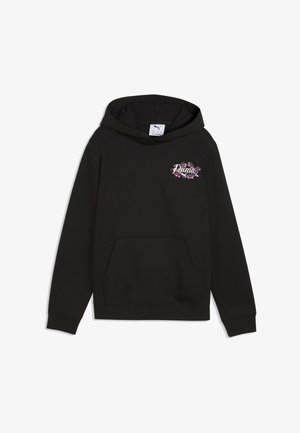 Czarna bluza z kapturem, kieszenią z przodu oraz małym logo Puma otoczonym różowymi kwiatami po lewej stronie klatki piersiowej.
