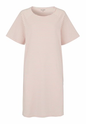 Korte mouw casual jurk met roze-witte horizontale strepen, ronde halslijn en losse pasvorm.