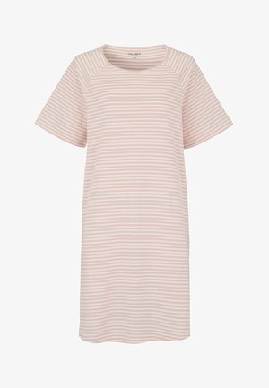 Kortærmet afslappet kjole med lyserøde og hvide vandrette striber, rund halsudskæring og løs pasform.
