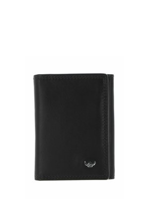 Portefeuille noir en cuir à deux volets avec couture précise et petit emblème argenté en bas à droite sur fond blanc.