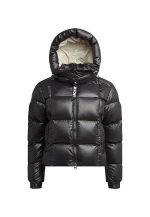 Chaqueta de plumas negra con una textura brillante y acolchada. Presenta una capucha, cremallera frontal y detalle de logo. Incluye puños elásticos y bolsillos laterales.
