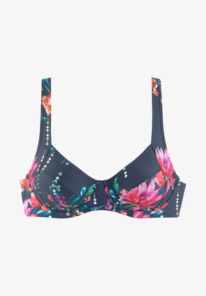 Blumiges Bikini-Oberteil mit navy Hintergrund, verziert mit pinken und grünen Mustern, verstellbaren Trägern und subtilen Diamantakzenten.