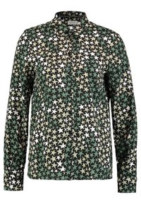 Camisa de manga larga con un patrón de estrellas en verde, negro y beige. Hecha de un tejido ligero, con un cuello clásico y puños.