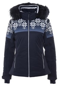 Veste d'hiver bleu marine avec motifs flocons de neige blancs sur les épaules, fermeture éclair frontale, poches zippées et capuche bordée de fausse fourrure noire.