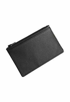 Black textured leather zippered pouch, rectangular shape, angled with zipper pull visible on white background.