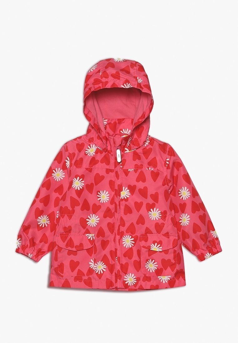 Imperméable rose à capuche pour enfants avec motifs de cœur rouge et fleurs de marguerite blanches, fermeture éclair devant et deux poches avant à rabats.
