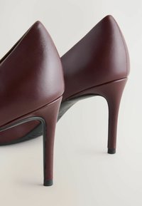 Scarpe con tacco alto bordeaux in pelle liscia, con punta affusolata e tacco a stiletto elegante, dotate di suola nera.