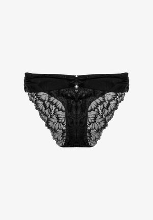 Czarne koronkowe majtki z kwiatowym wzorem, wyposażone w gładką talię i falowane krawędzie, podkreślające misterny wzór koronki.