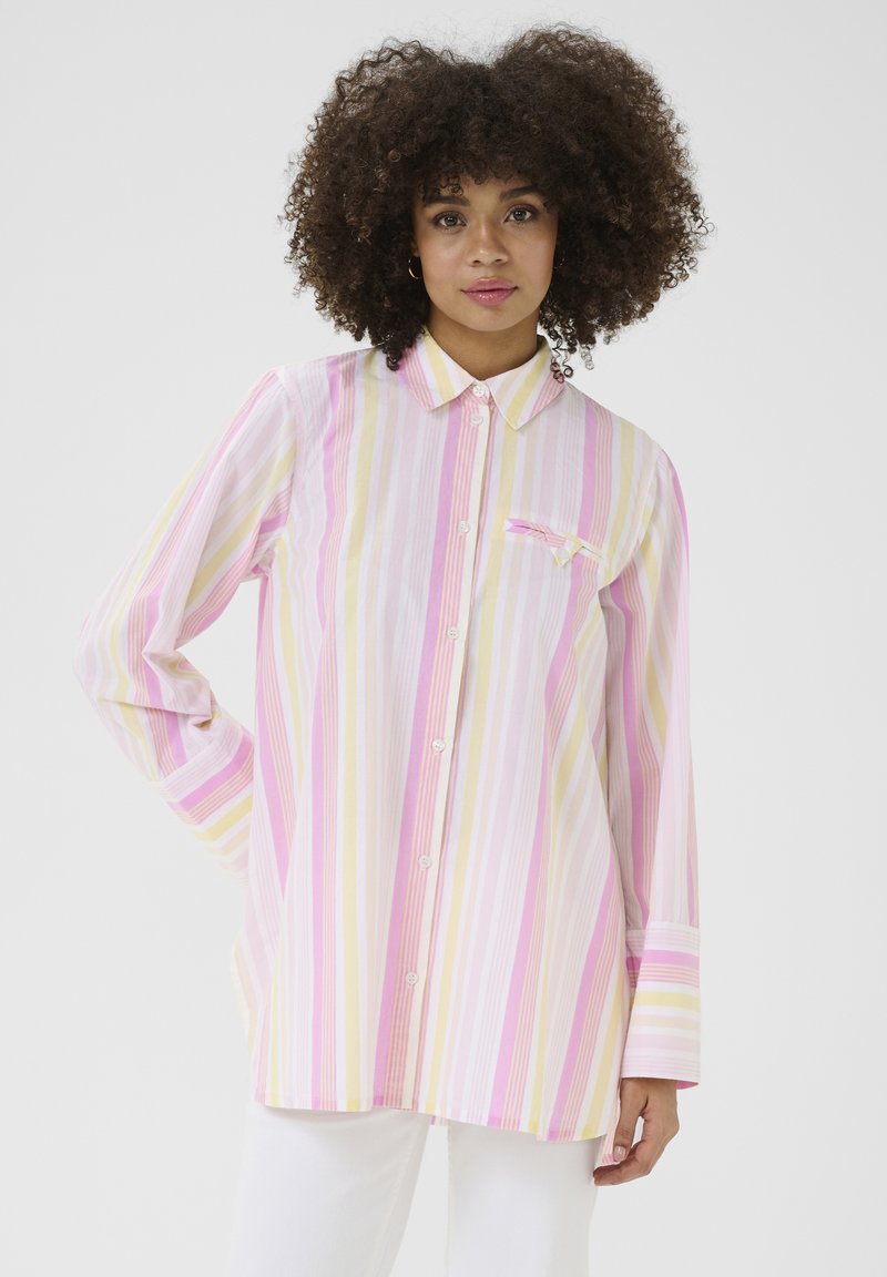 Long-sleeve button-up shirt featuring pink, yellow, and white vertical stripes. Collared design with a chest pocket and cuffed sleeves.